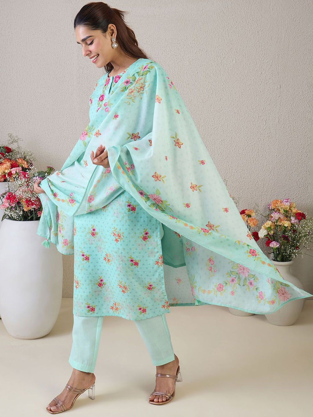 Indo Era Women Floral Embroidered Thread Work Linen Kurta with Trousers & With Dupatta