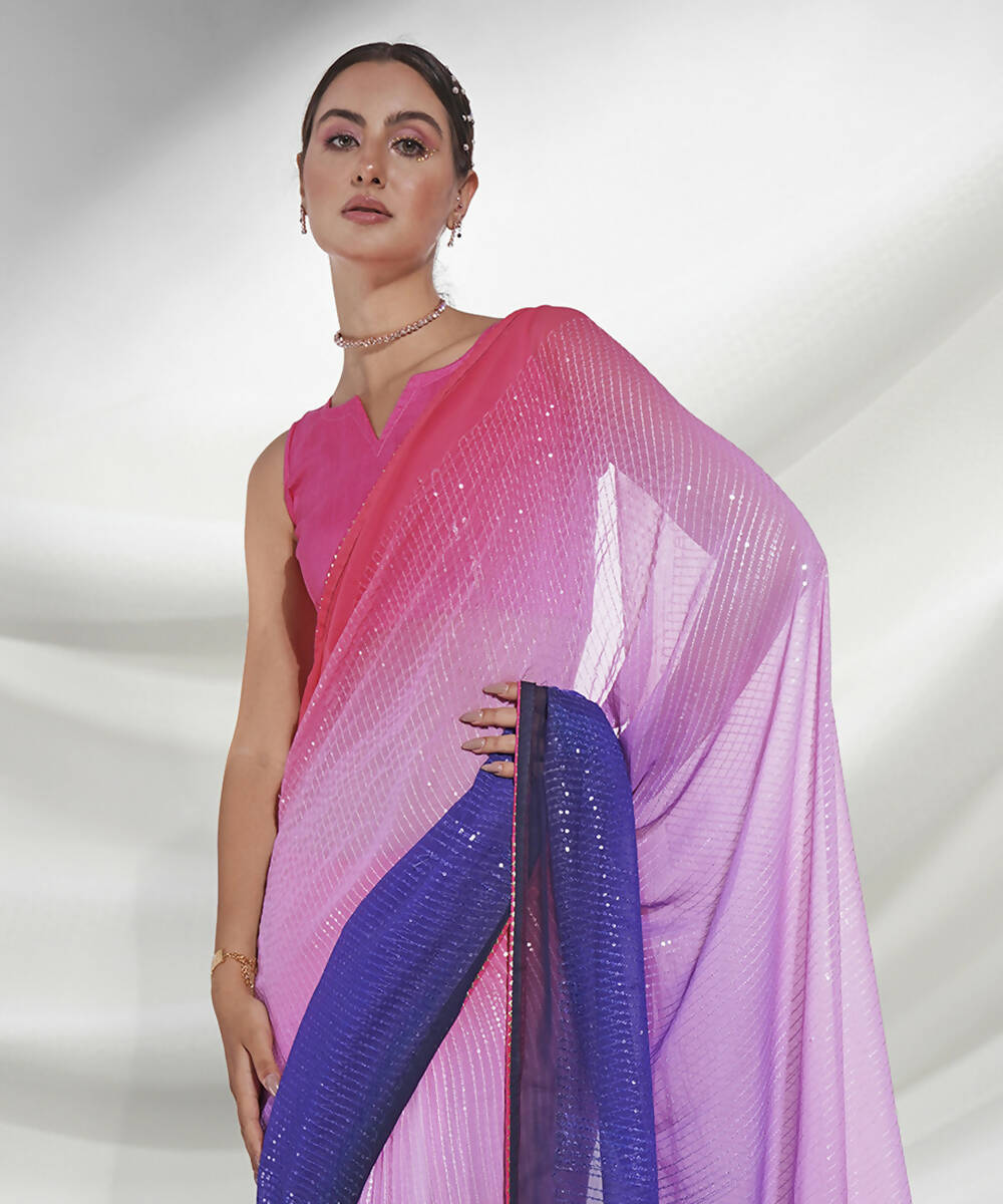 Pink Georgette Sequence Embroidery Saree With Unstitched Blouse Piece - Rajal