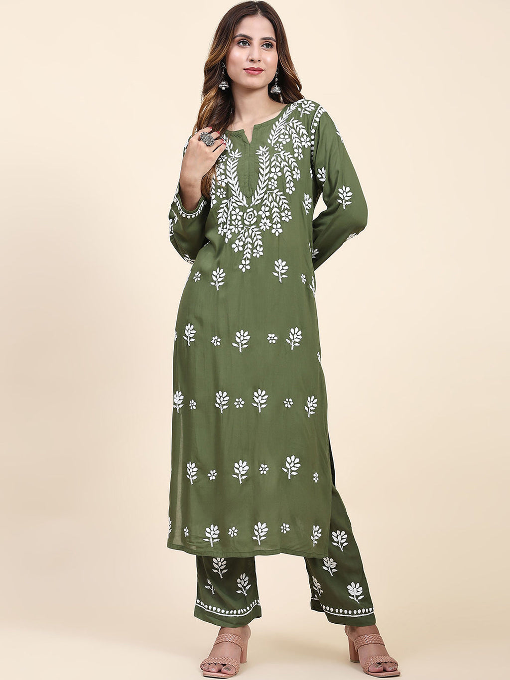 HOUSE OF KARI Floral Embroidered Thread Work Pure Cotton Kurta with Trousers
