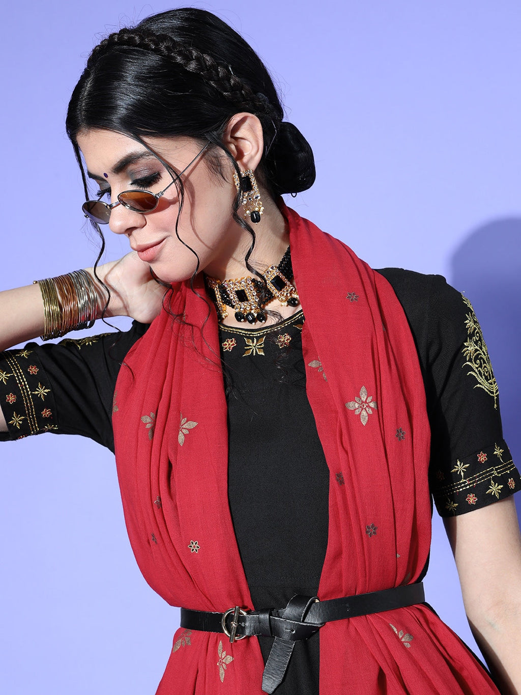 HERE&NOW Women Black & Red Embroidered Kurta Set