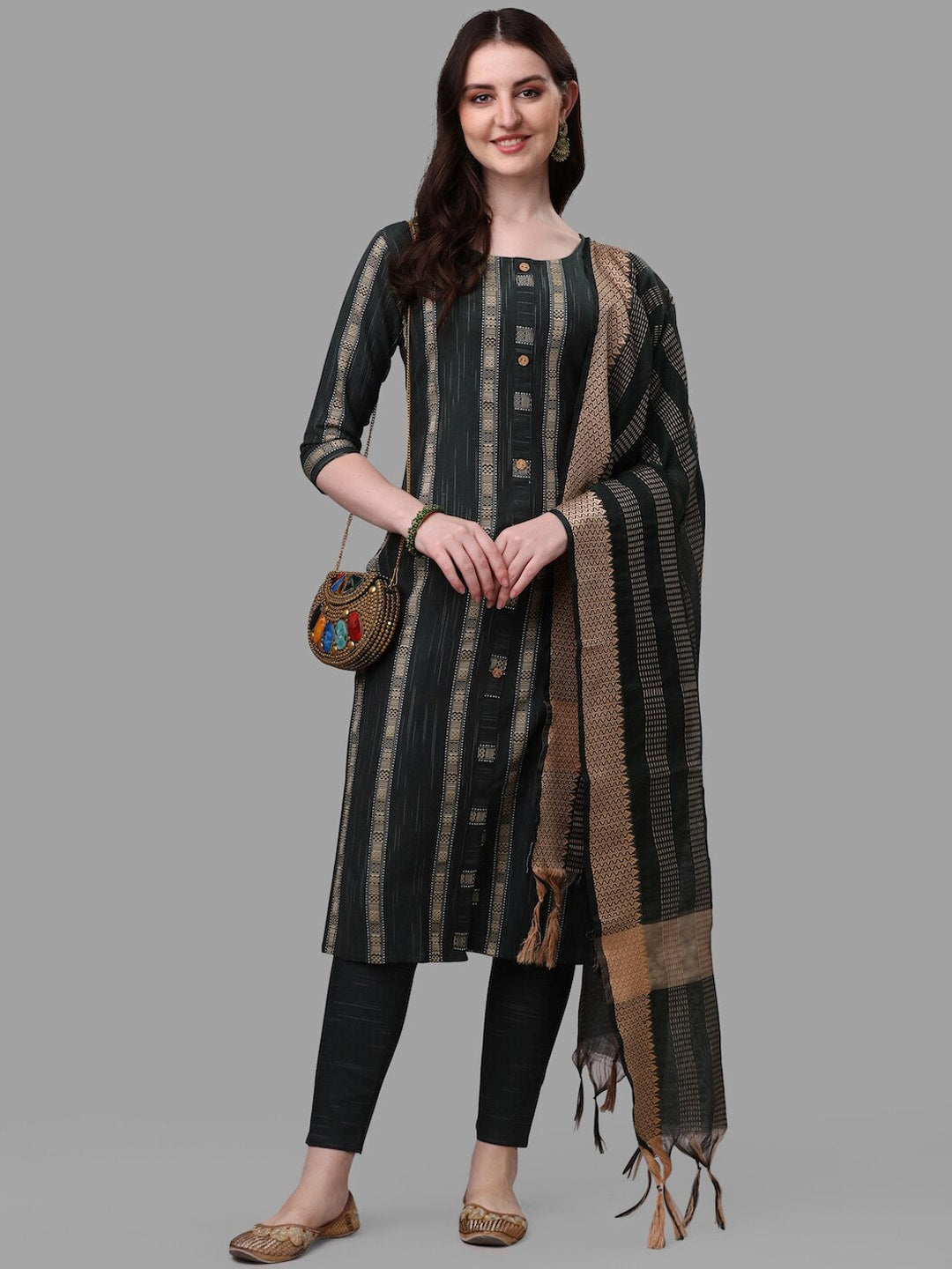 HERE&NOW Green Striped Pure Cotton Kurta With Trousers & Dupatta
