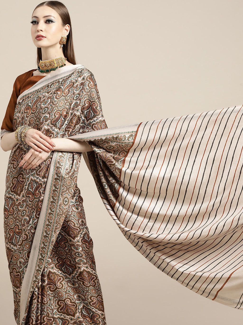 Saree Mall Cream-Coloured & Brown Paisley Printed Pashmina Silk Bagru Saree