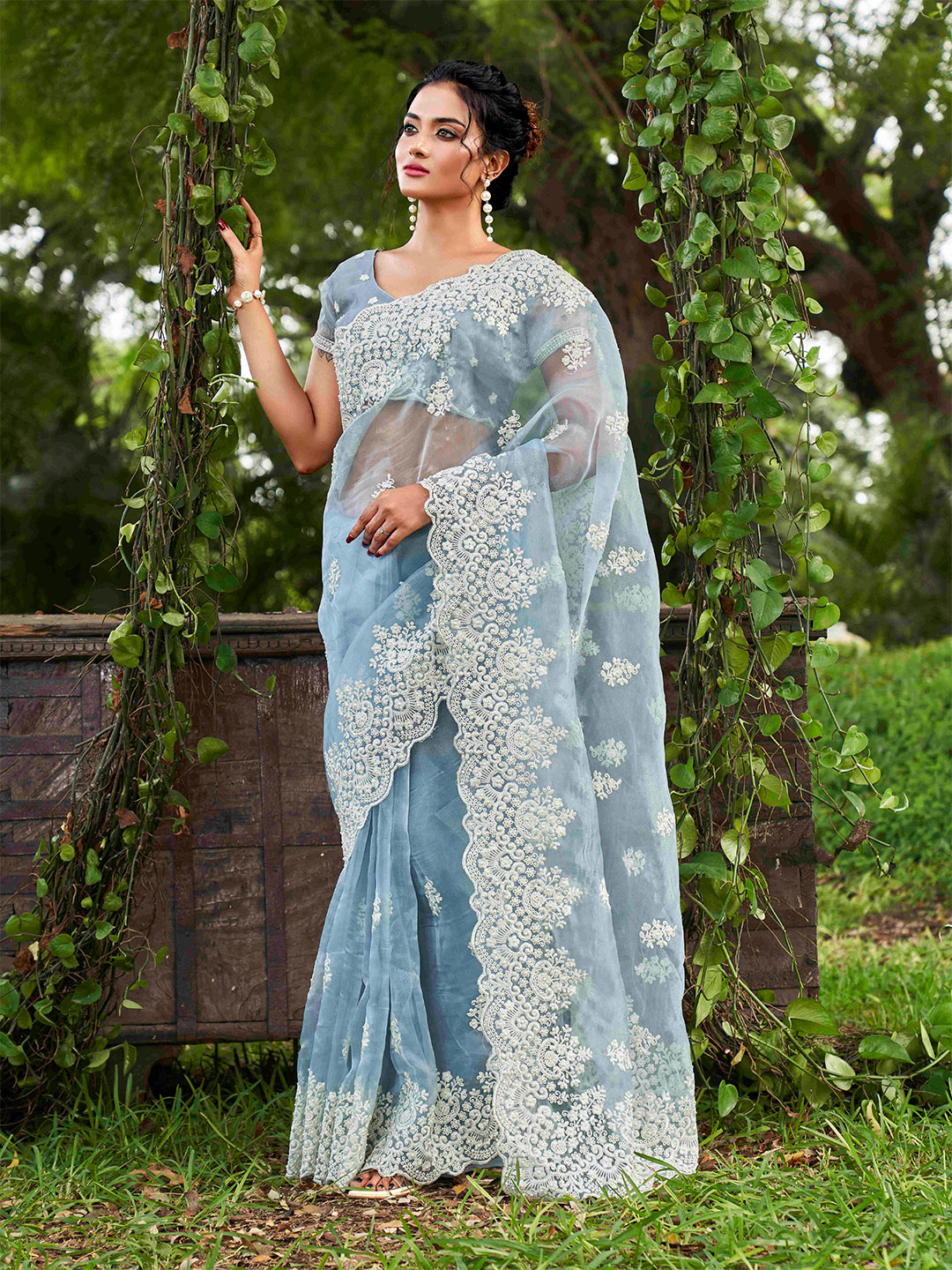 Tikhi Imli Ethnic Motifs Beads and Stones Organza Heavy Work Saree
