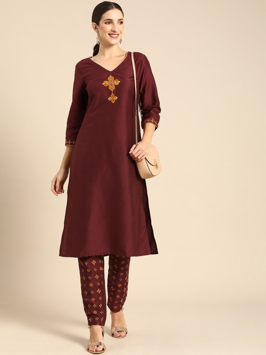 All About You Women Maroon Floral Yoke Design Regular Kurta with Trousers