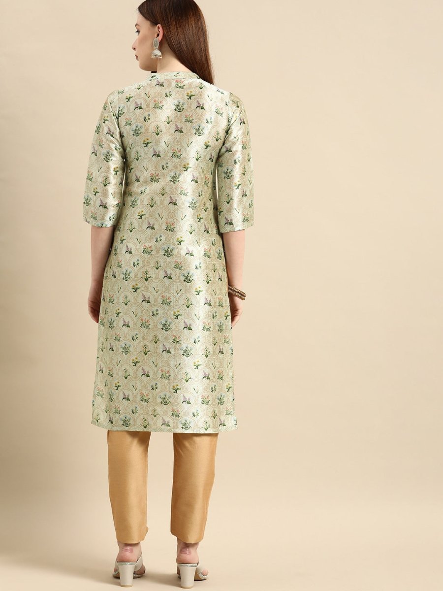 All About You Women Sea Green Floral Block Print Mandarin Collar Chanderi Silk Blend Kurta
