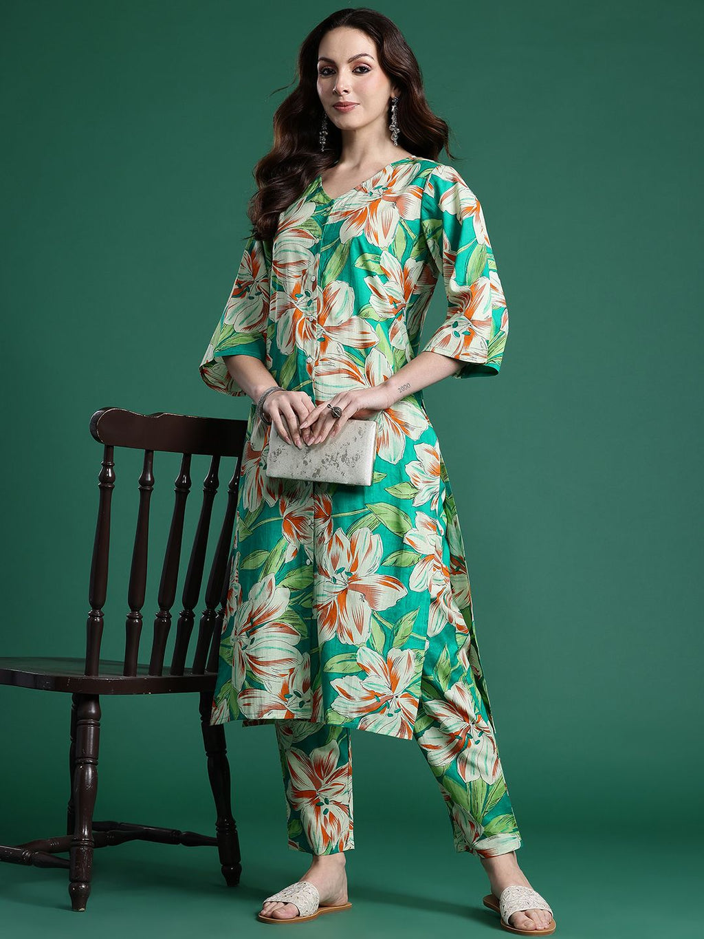 Indo Era Women Floral Printed Regular Pure Cotton Kurta with Trousers