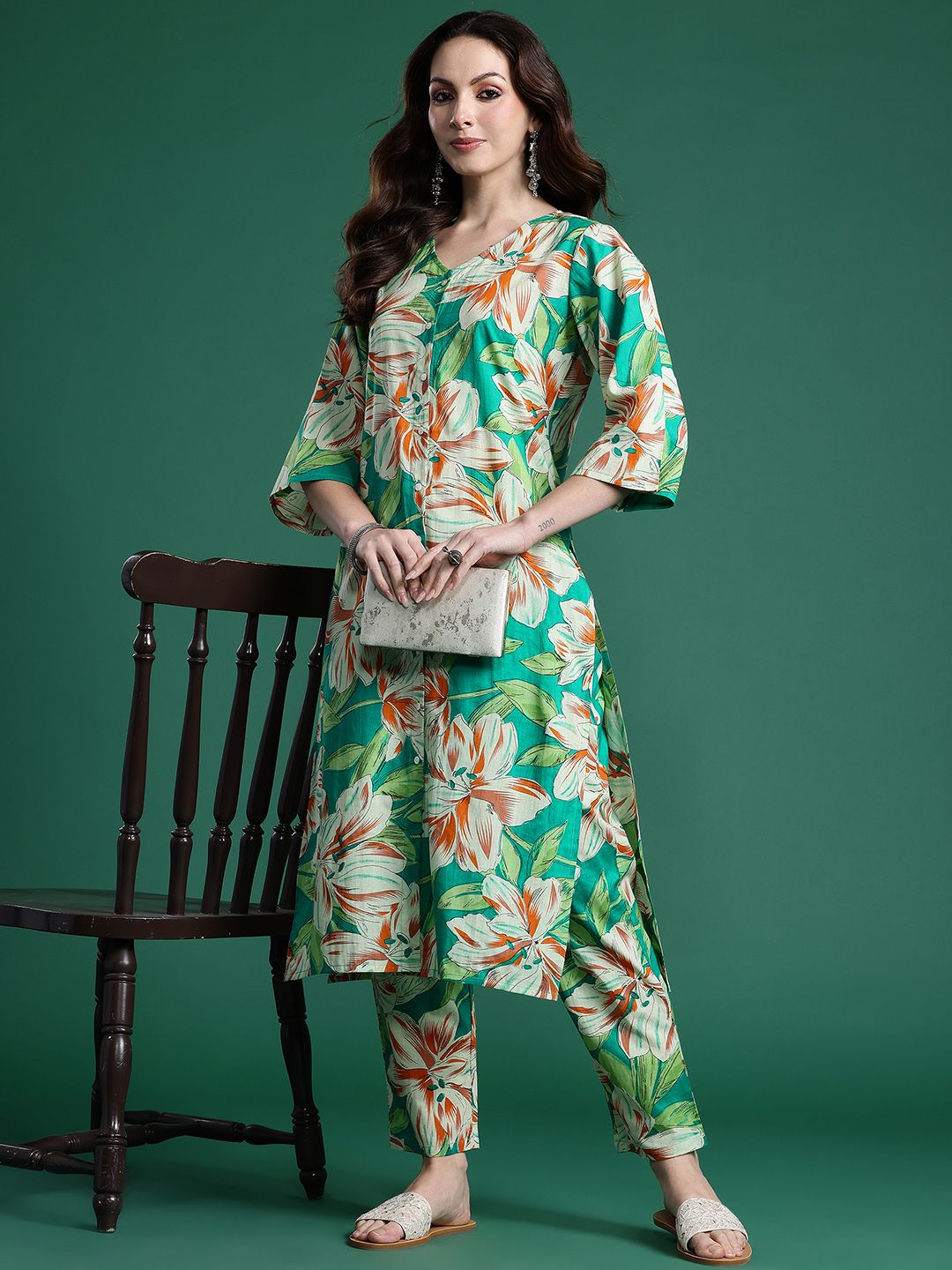 Indo Era Women Floral Printed Regular Pure Cotton Kurta with Trousers