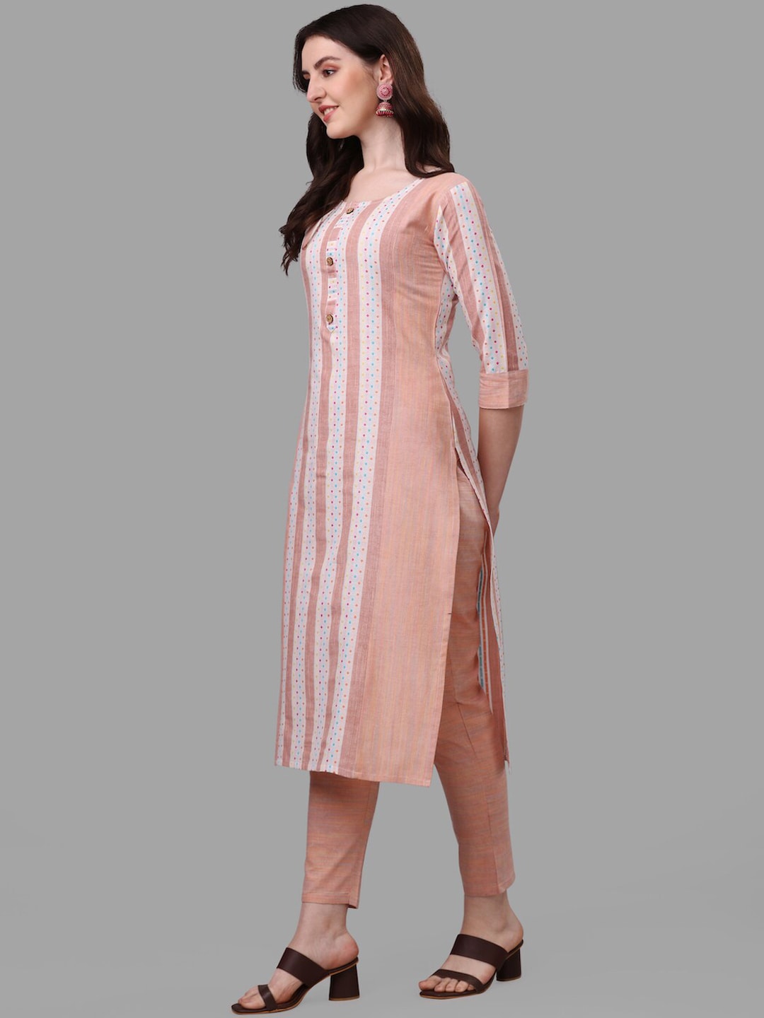HERE&NOW Peach & White Striped Pure Cotton Kurta With Trousers & Dupatta