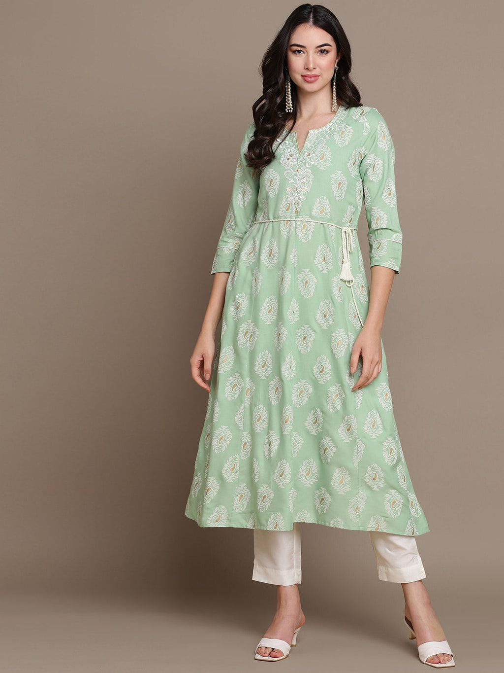 HERE&NOW Embroidered Ethnic Motif Printed Notched Neck A-Line Kurta
