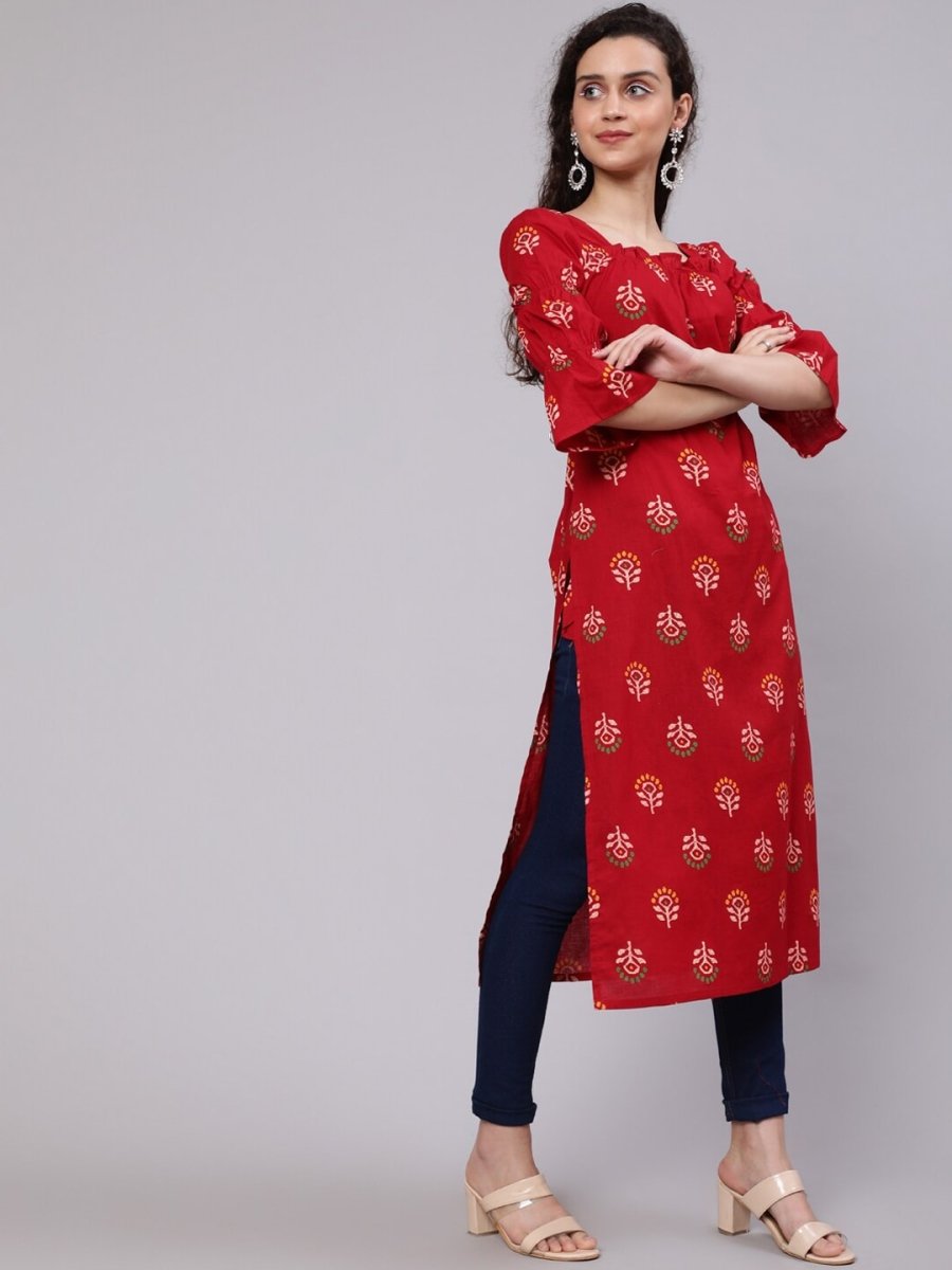 Aks Ethnic Motifs Printed Square Neck Puff Sleeves Cotton Kurta