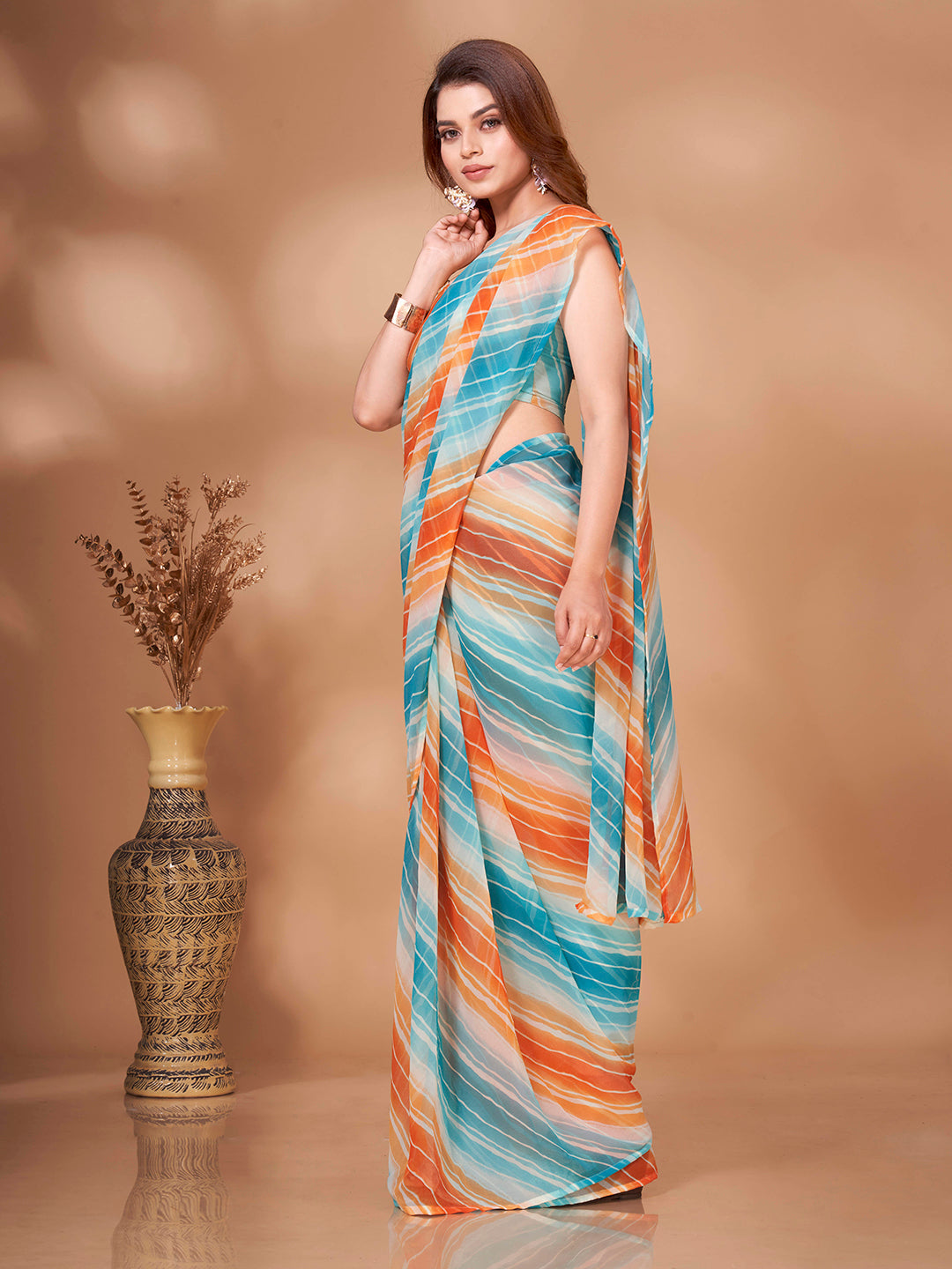 Tikhi Imli Striped Georgette Leheriya Ready to Wear Saree