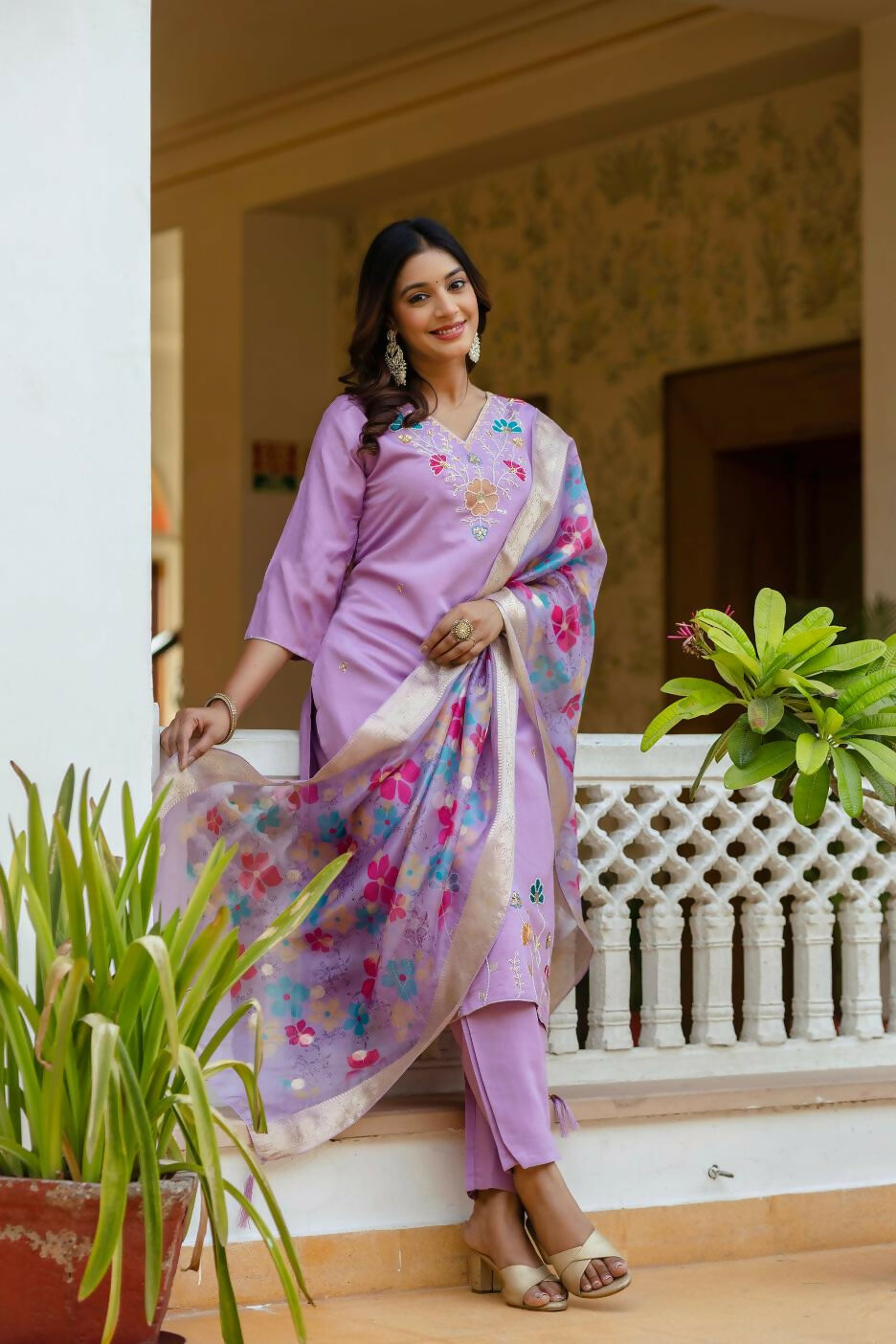 The52 Lavender Women's Gorgeous Embroidered work Viscose Gadhwal Fabric Straight Kurta, Pant and Dupatta Set