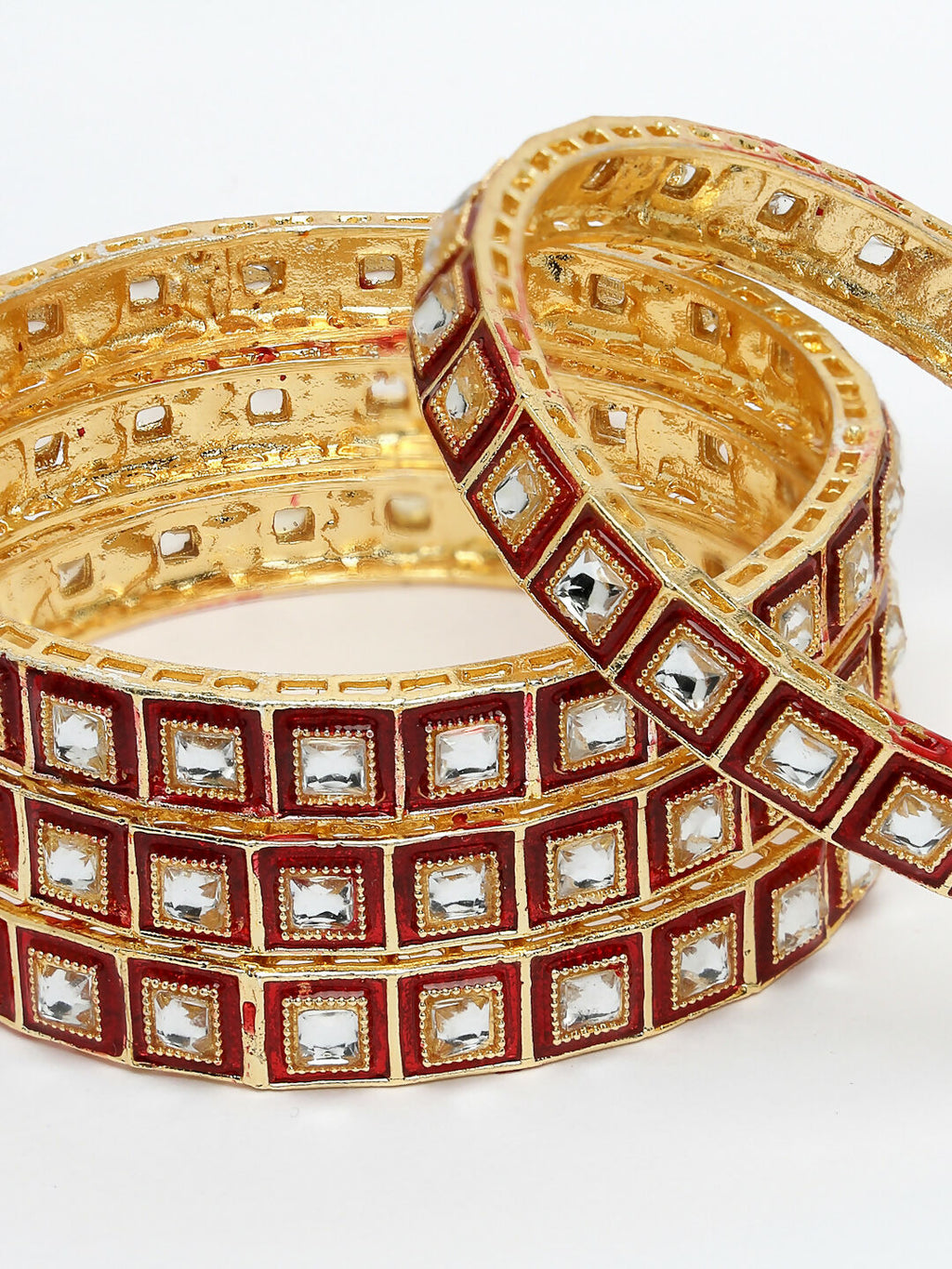 NVR Women's Set Of 4 Gold-Polished Red Kundan-Studded Traditional Bangles