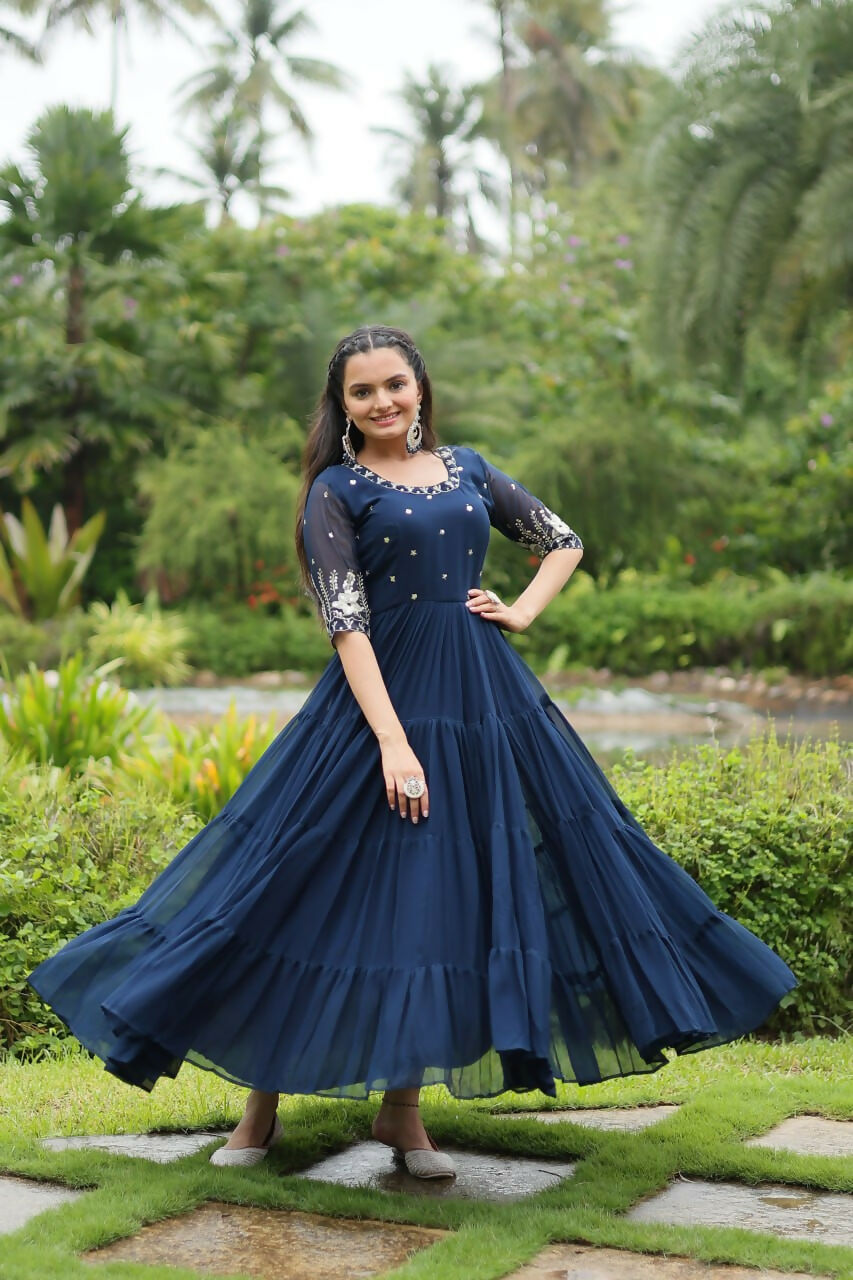 Vastranavya Premium Designer Faux Blooming with Embroidery Zari Sequins work Gown - Navy Blue