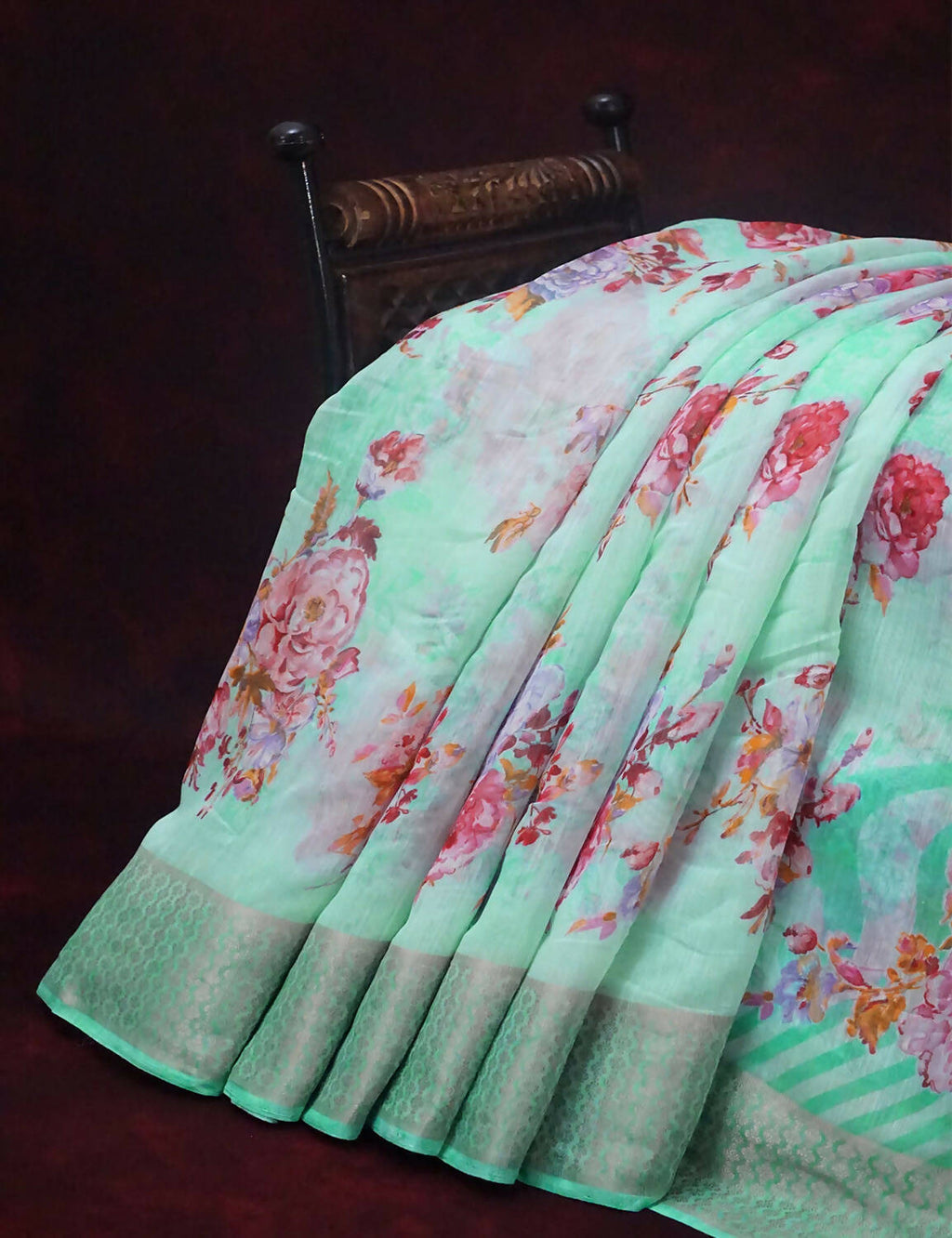 Shades Of Mint Green With Floral Design Semi Chanderi Saree By Gayathri Reddy Designer Studio