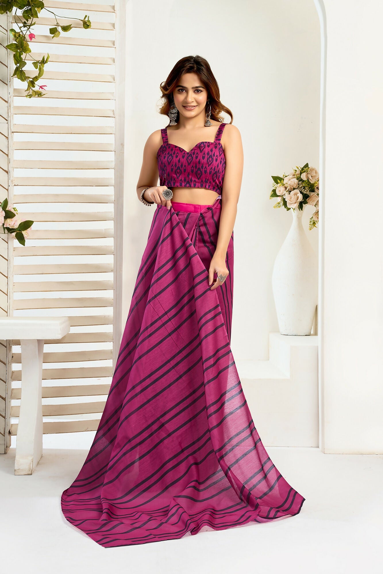 Vastranavya Magenta Digital Printed Linen Ready To Wear Designer Saree with Unstitched Blouse