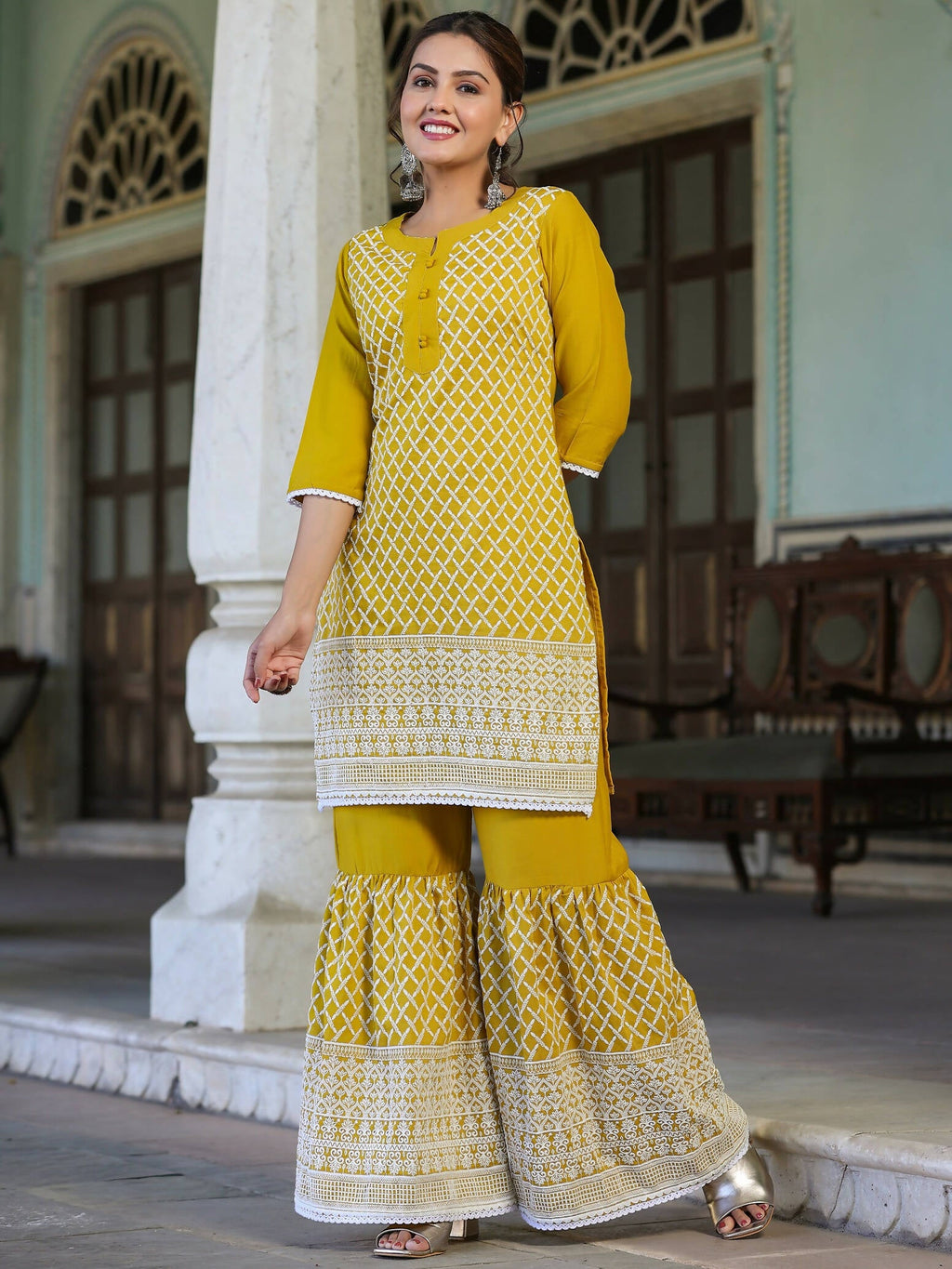 Juniper Women's Mustard Chinnon Embroidered Kurta Garara Set