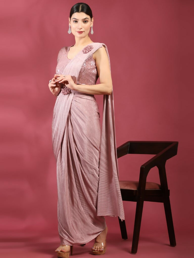 Pink Imported Crush Lycra Texture Pattern Ready to Wear Saree with stitched Blouse - Nirvana