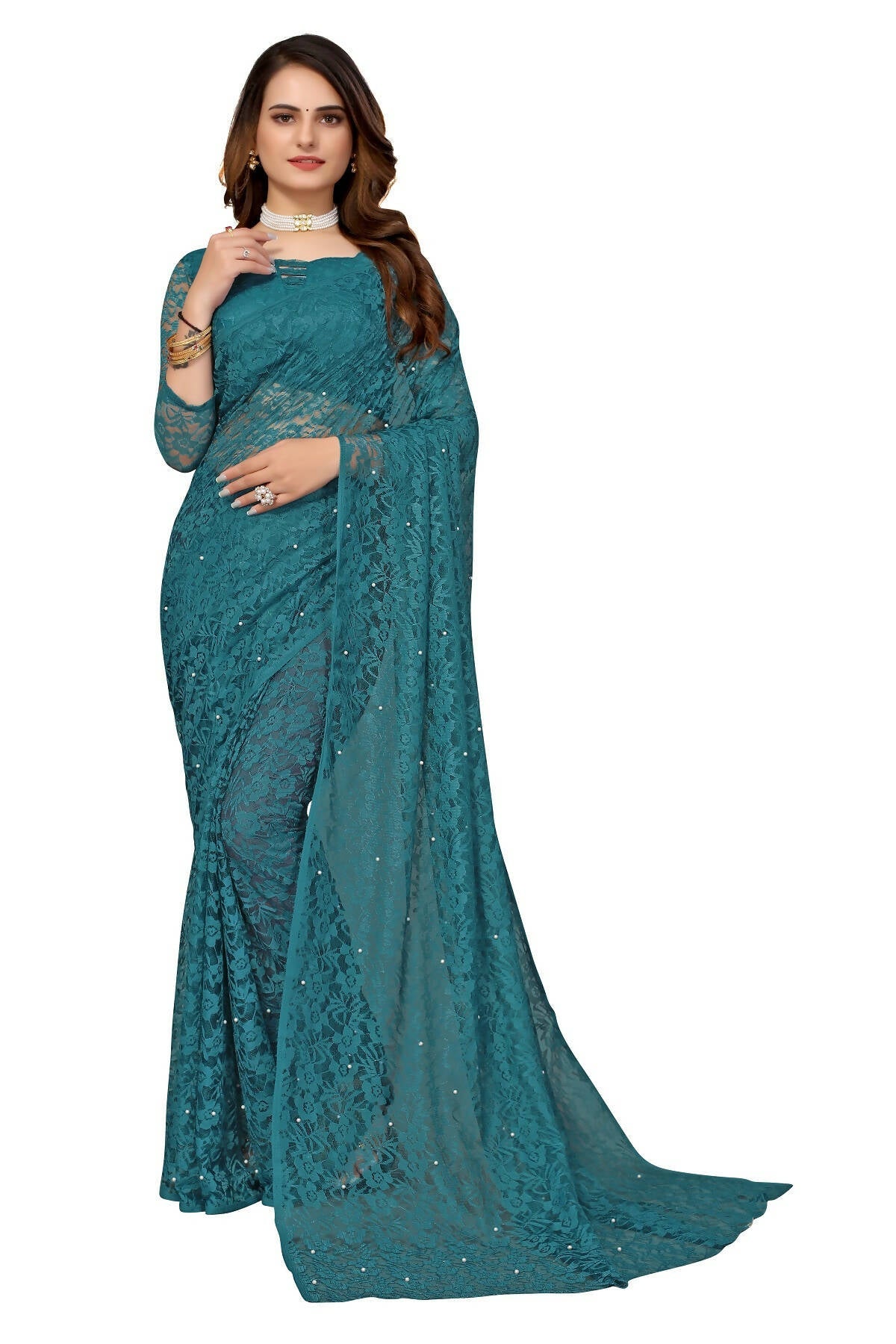 Vamika Rama Green Pearls Net Saree