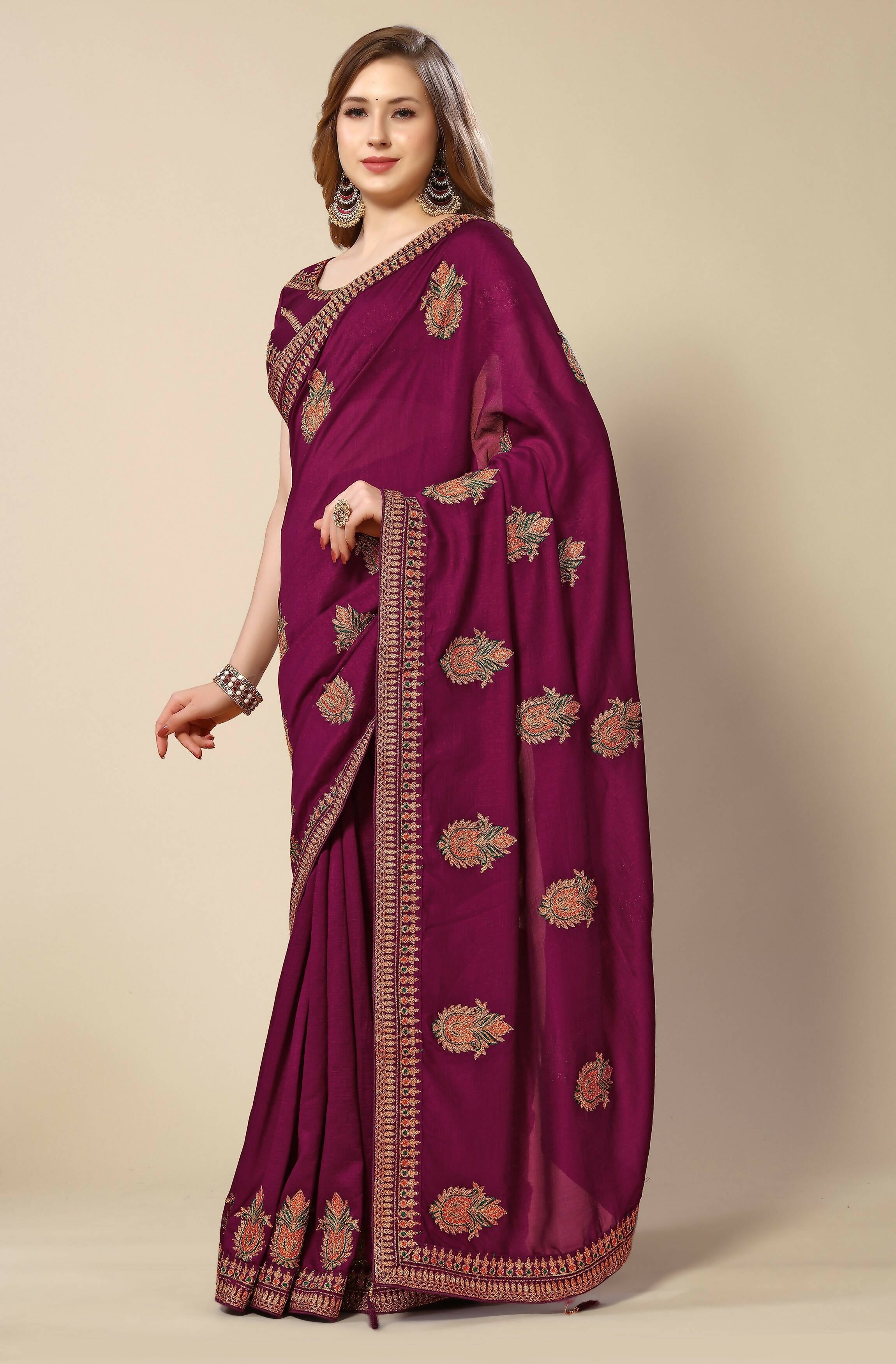 Wine Chinon Embroidered Saree with Unstitched Blouse Piece - Roozal