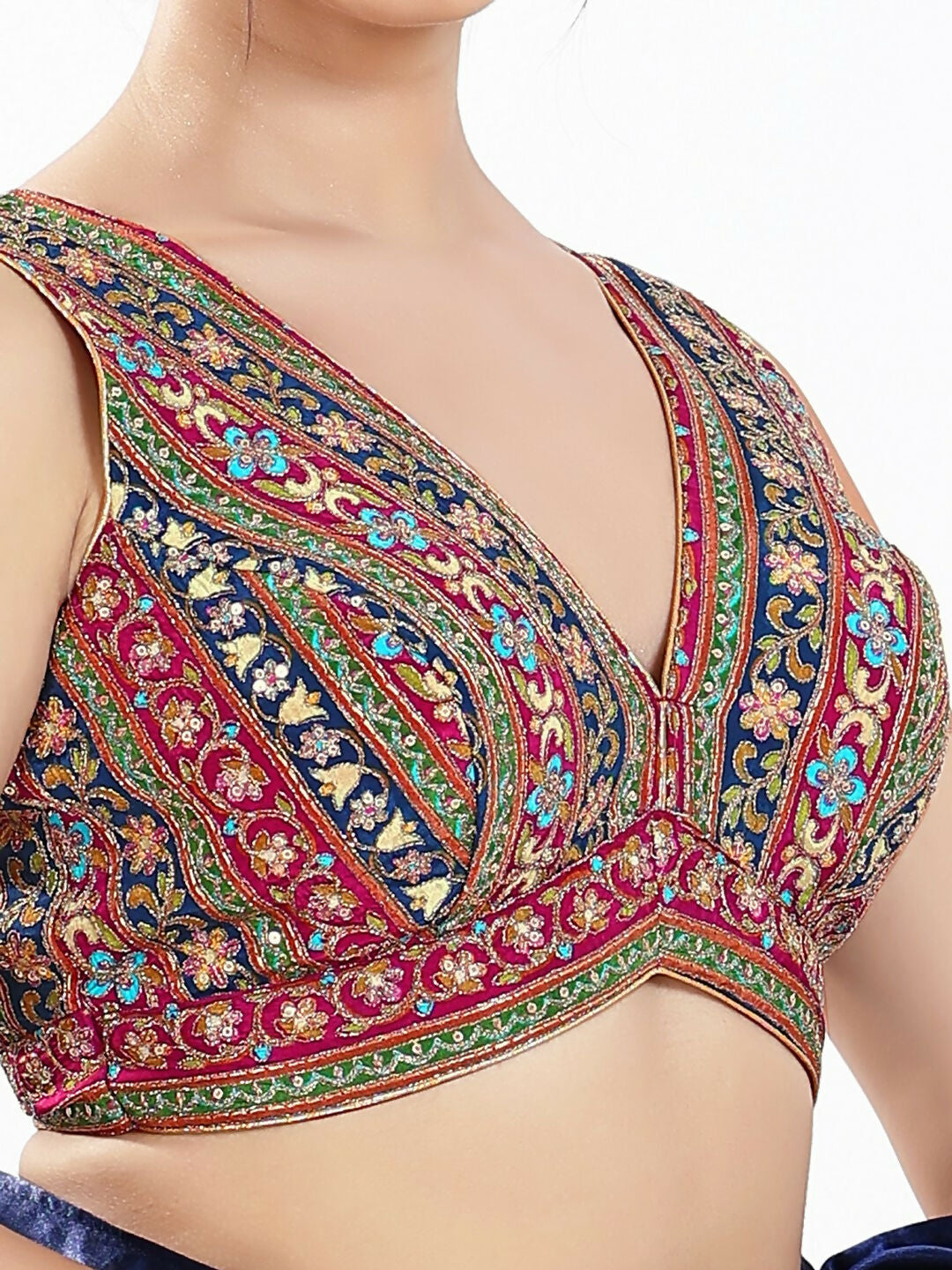 Joban Fashion Magenta Multi Georgette Padded Blouse With V Neck Sleeveless