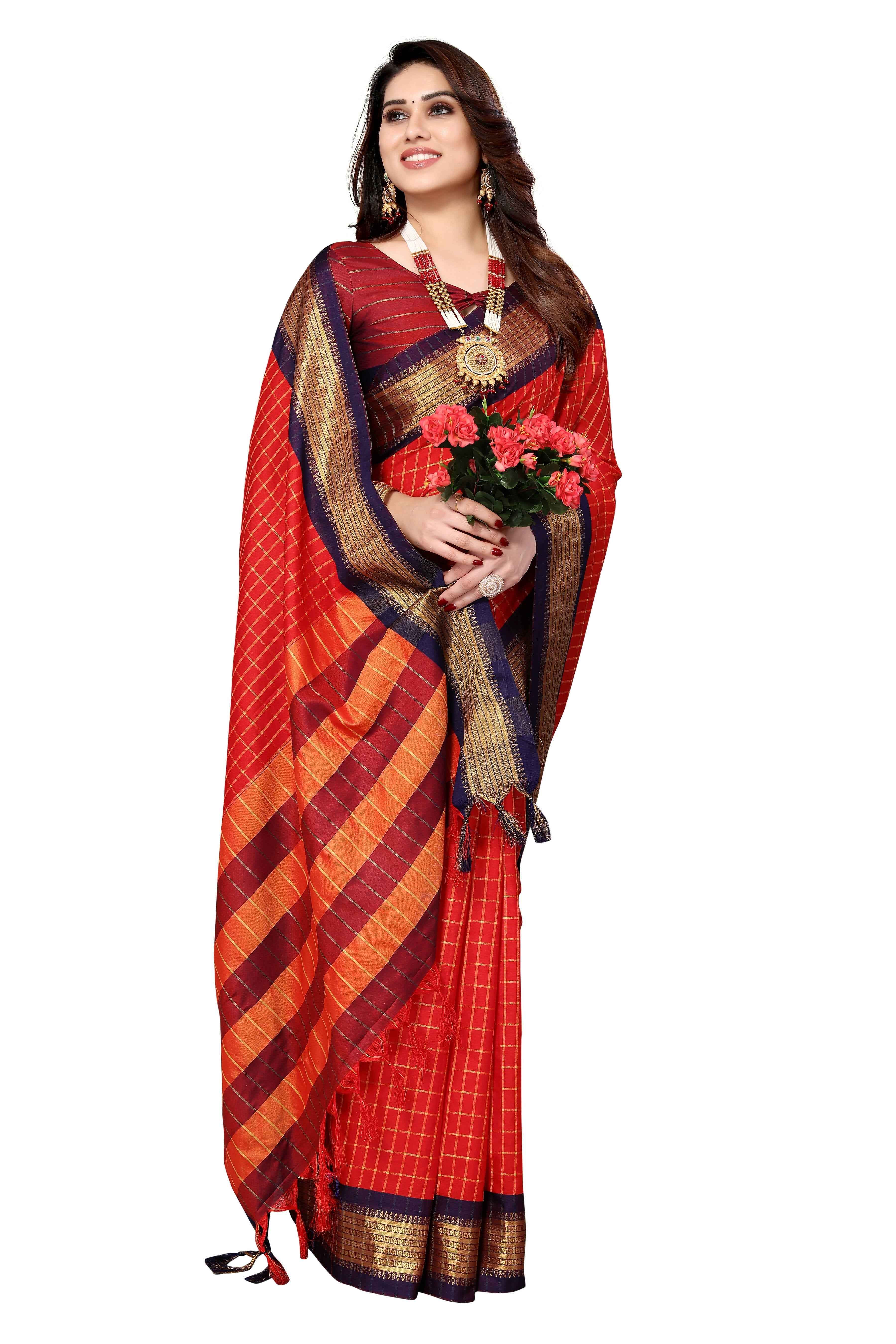 Vamika Weaving Red Cotton Silk Saree