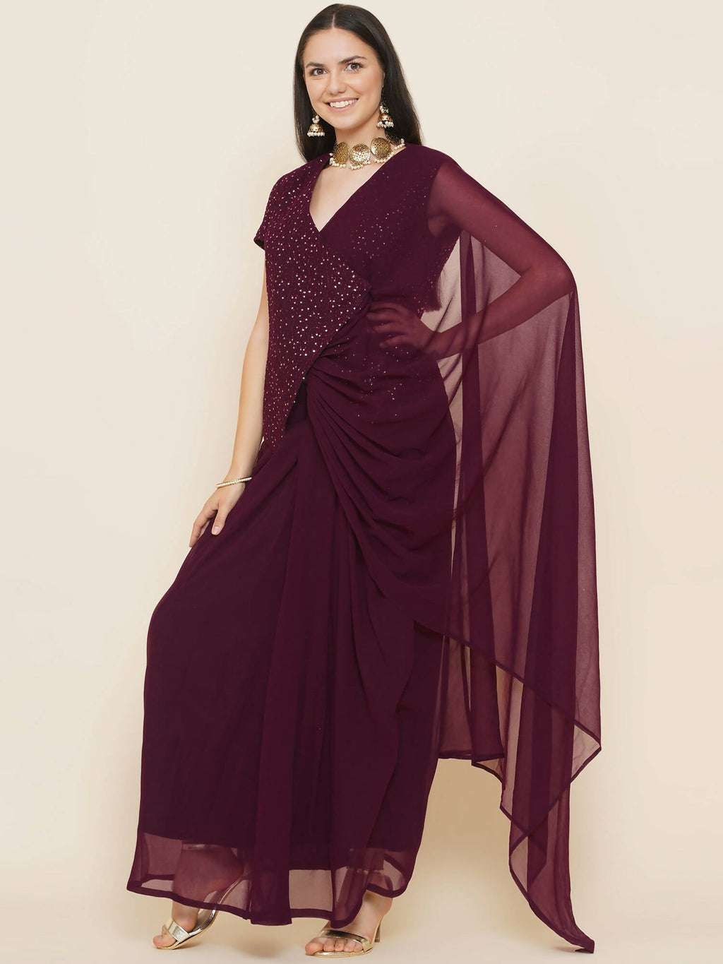 Women Republic Bronze Georgette Jacket With Skirt