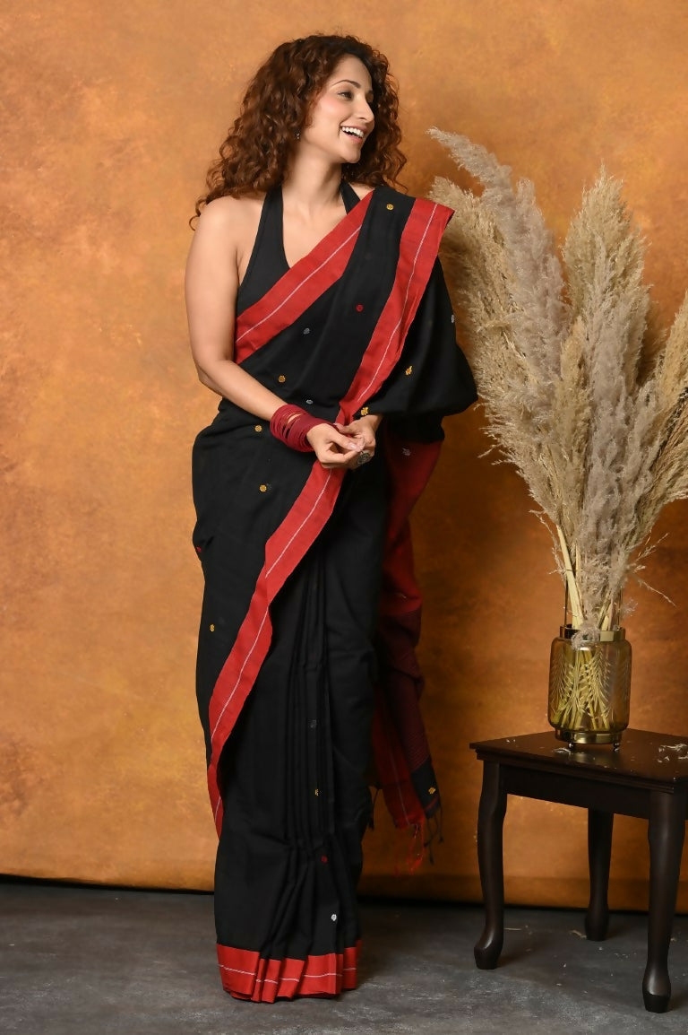 Very Much Indian Pure Cotton Handloom Saree with Buttis & Sleek Border - Black