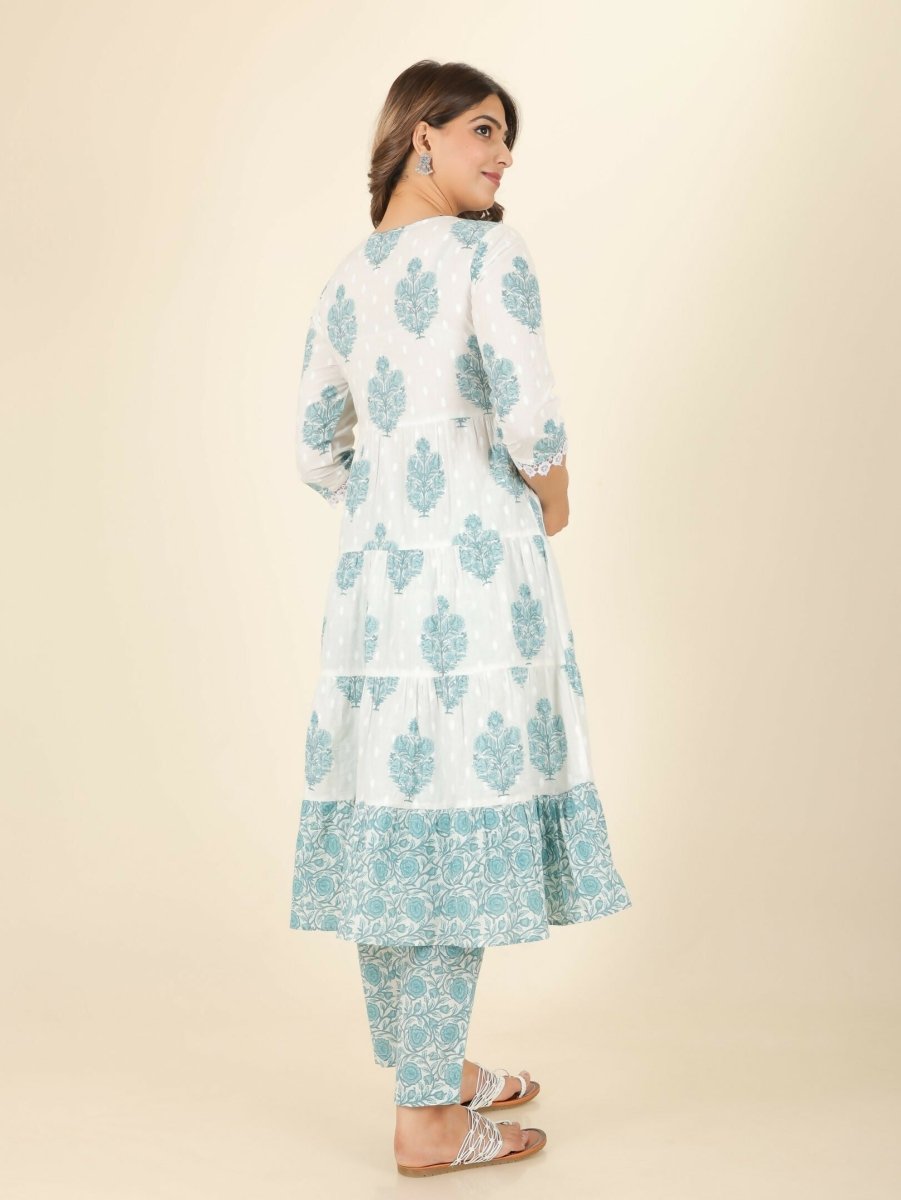 Aramya White Soft Cotton Block Print Anarkali Kurta Set for Women