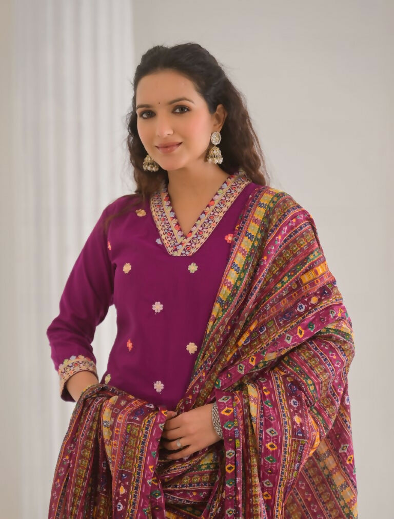 Festive Ethnic Viscose Chanderi Rani Pink Stitched Suit With Dupatta - Rashmika
