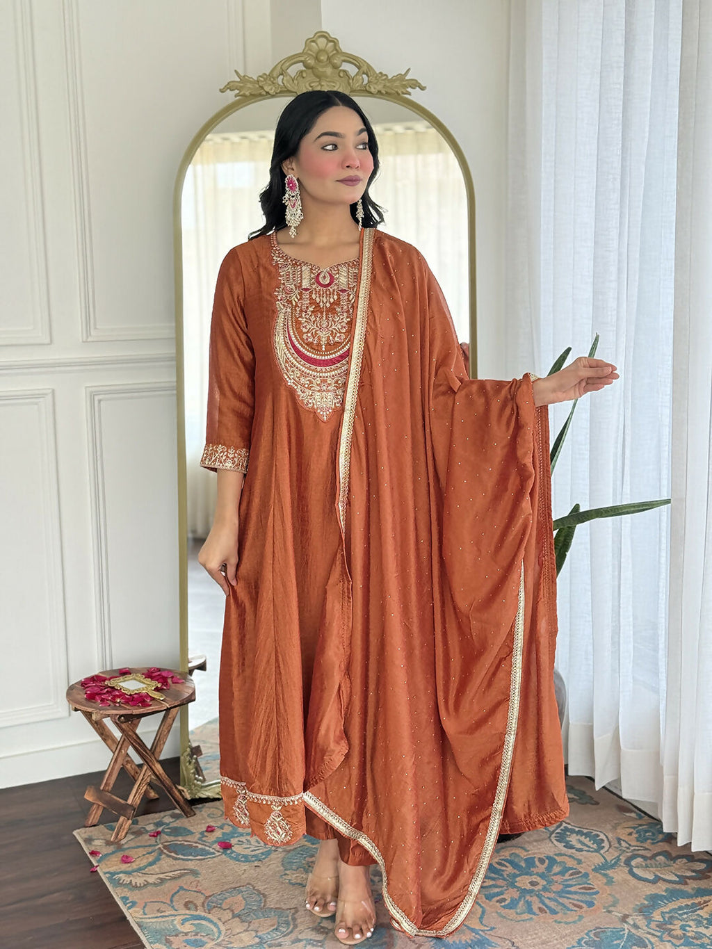 The52 Rust Women's Gorgeous Embroidered Vichitra Silk Fabric Flared Kurta, Pant and Dupatta Set