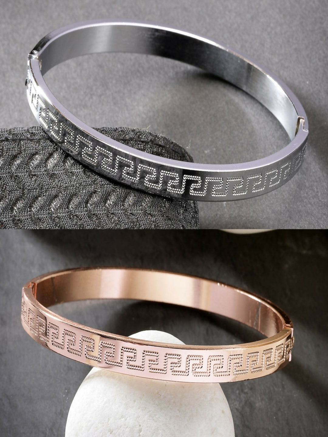 NVR Men's Set of 2 Rhodium-Plated Stainless Steel Kada Bracelet