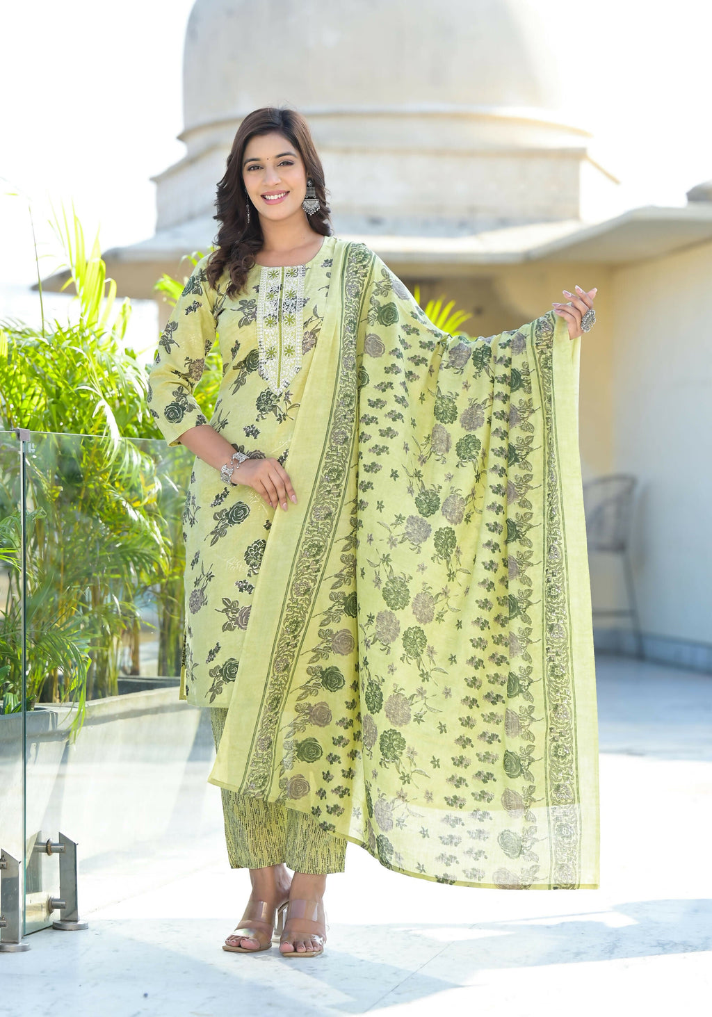 Juniper Women's Lime Green Floral Printed Cotton Kurta Set With Thread Work