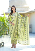Juniper Women's Lime Green Floral Printed Cotton Kurta Set With Thread Work