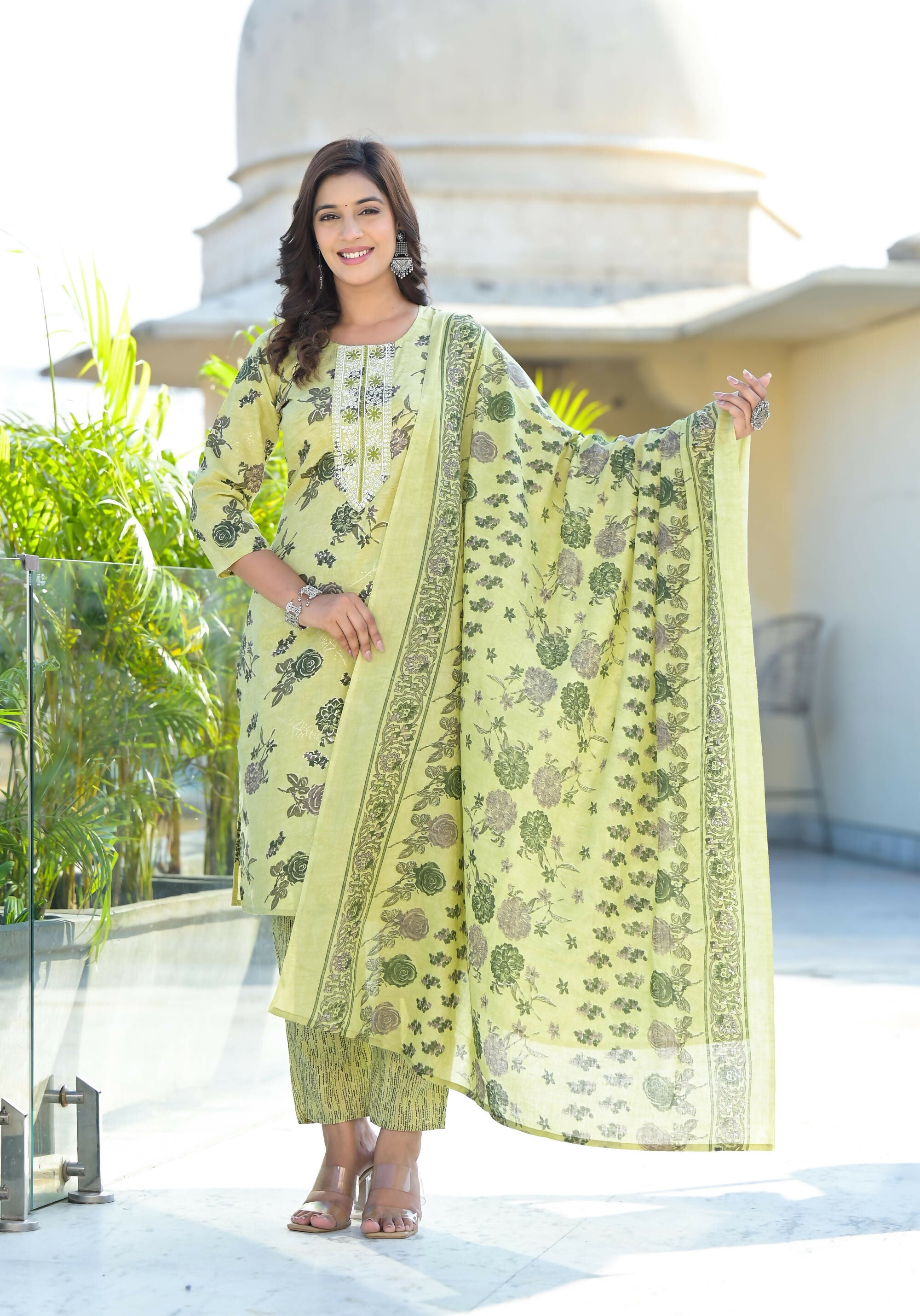 Juniper Women's Lime Green Floral Printed Cotton Kurta Set With Thread Work