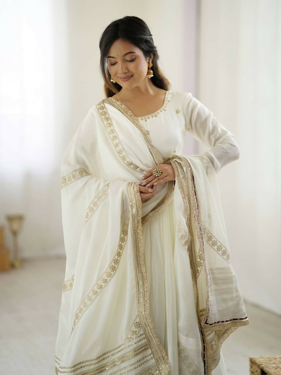 Teeya Creation White Chinon Silk Gown
