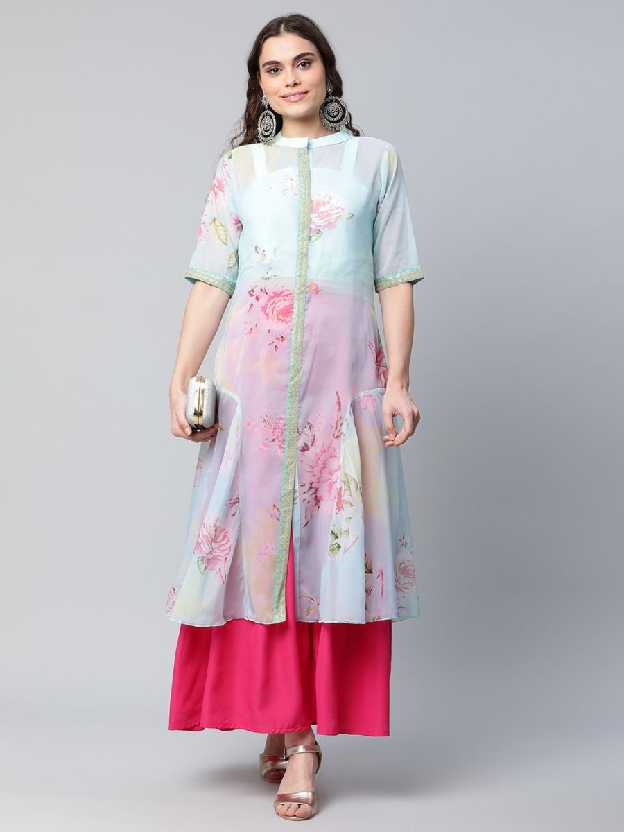 Ahalyaa Women Sea Green Floral Printed Top With Kurta