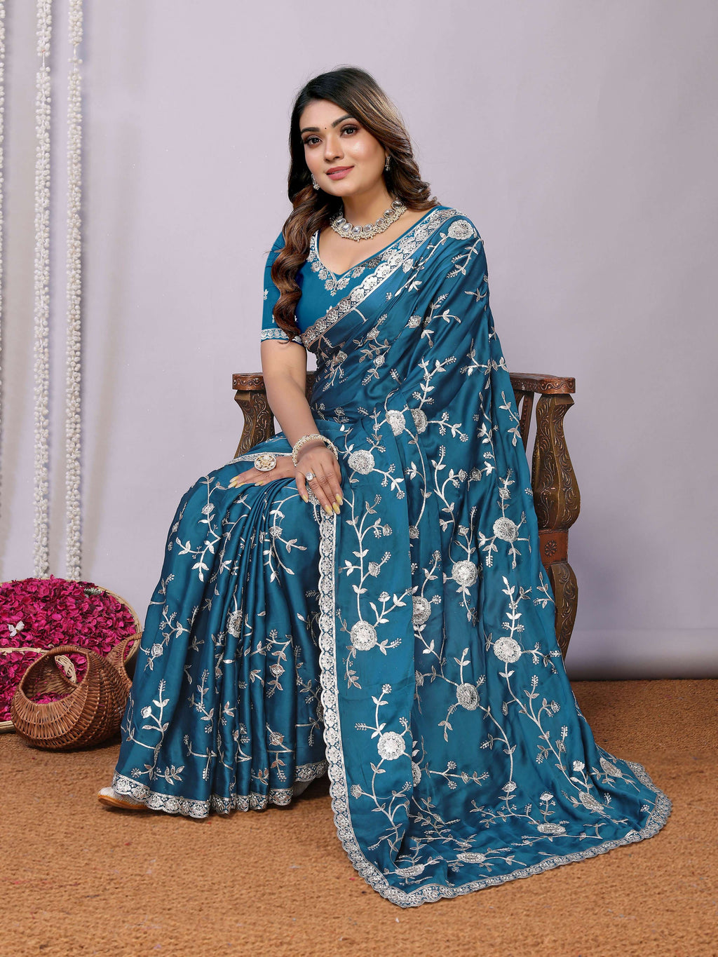Blue Pure Satin Embroidered Saree With Stitched Blouse - Nimaya Kaksha