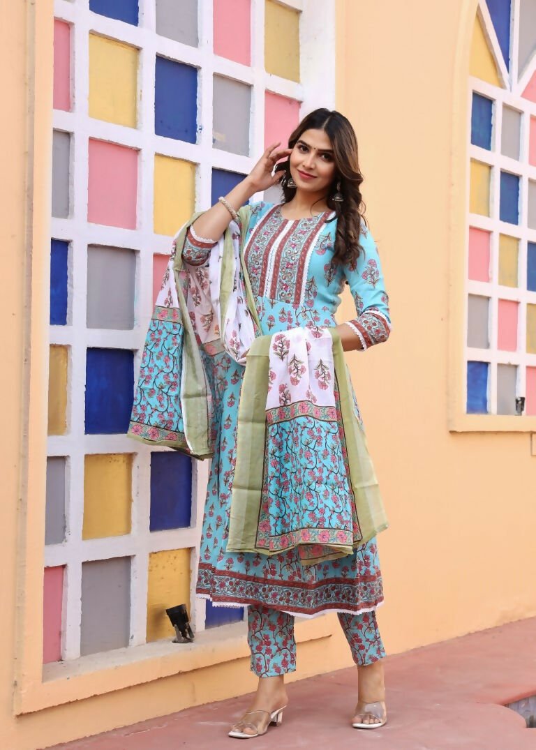 Alvano Printed Anarkali Kurti with Pant and Dupatta Set for Women's and Girls Rayon