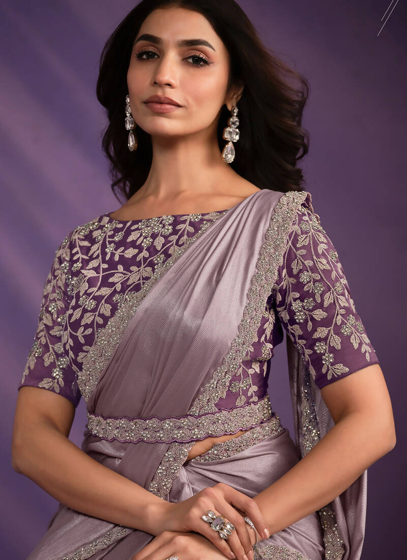 Purple Pattern Georgette Embroidered Saree With Stitched Blouse - Mohmanthan Exotica