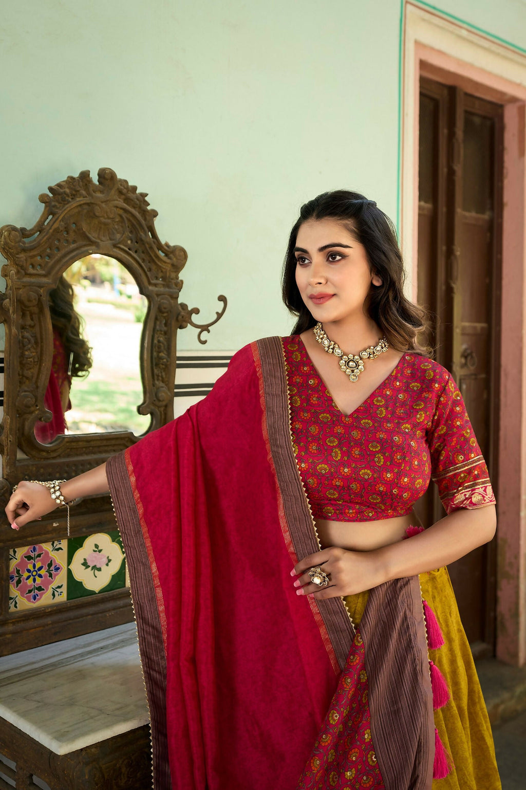 Vastranavya Floral Print With Foil Print Tussar Silk Lehenga With Unstitched Blouse - Mustard