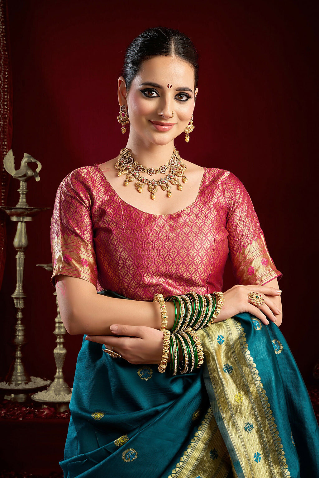 Joban Fashion Teal Paithani Silk Blend Butti Saree