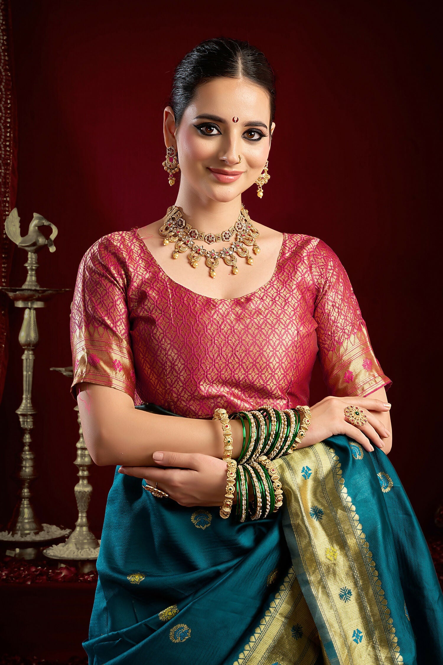 Joban Fashion Teal Paithani Silk Blend Butti Saree