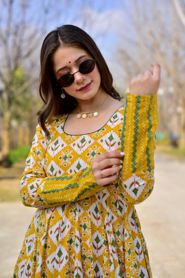 Jyoti Fashion Women's Mustard Heavy Digital Printed Cotton Silk Anarkali Dress