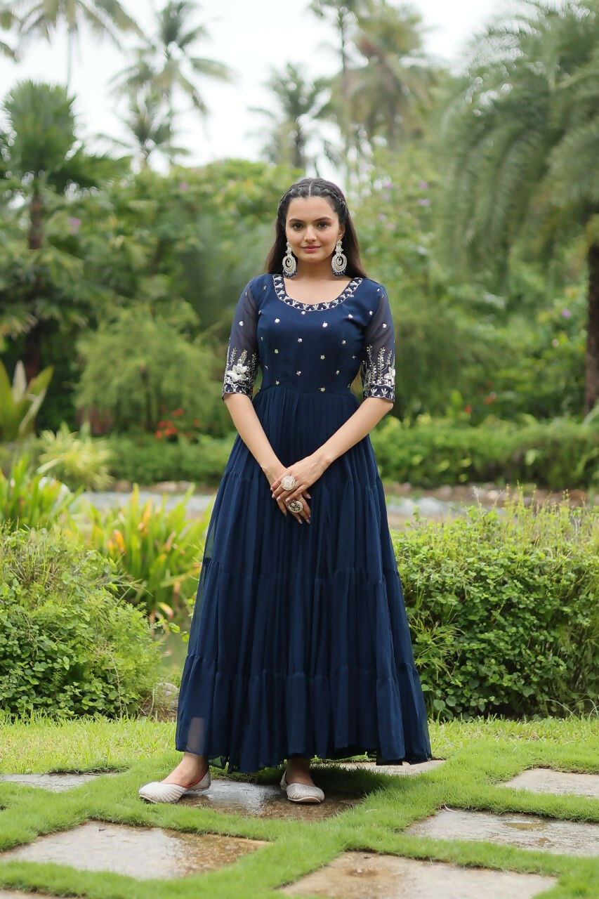 Vastranavya Premium Designer Faux Blooming with Embroidery Zari Sequins work Gown - Navy Blue