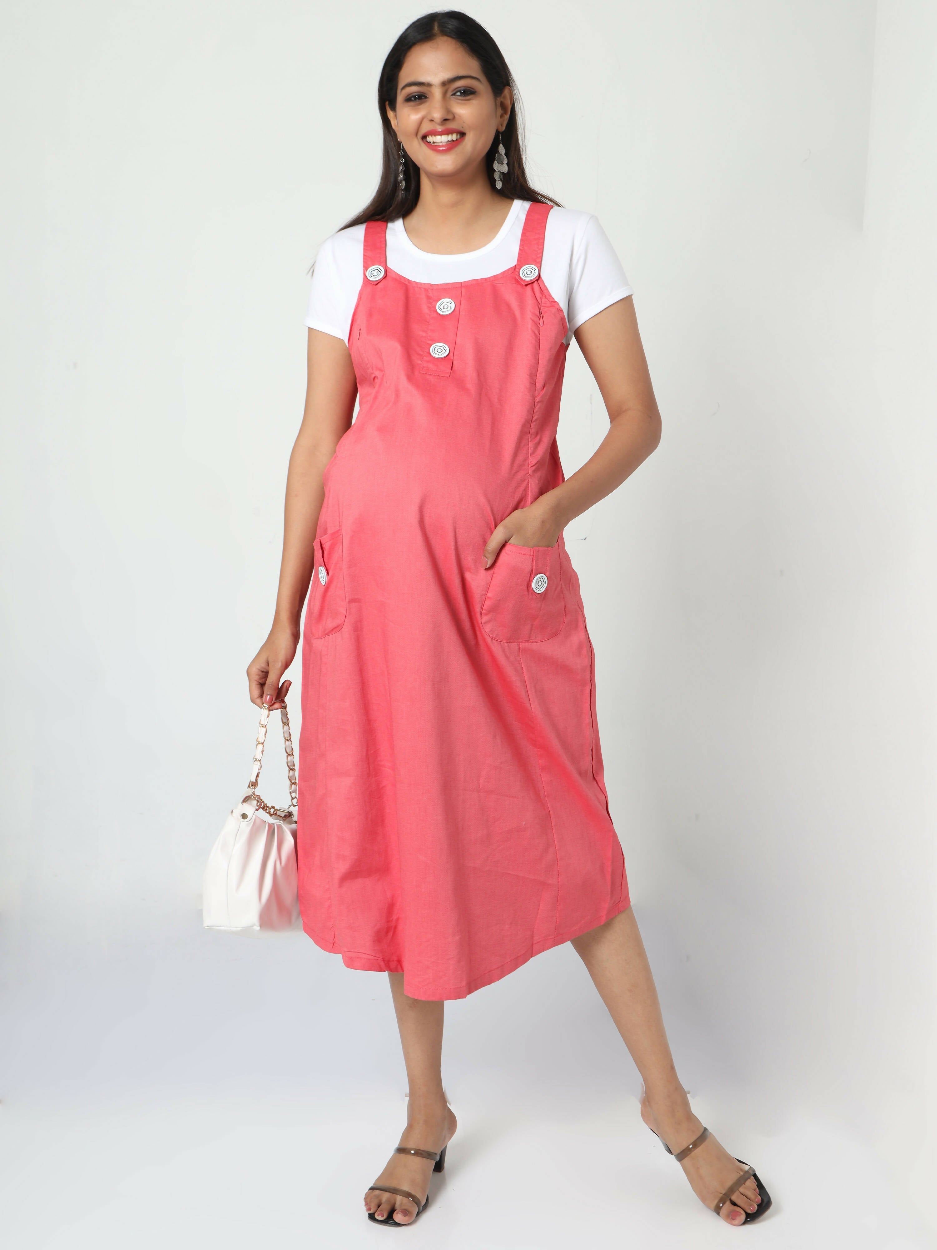 Manet Half Sleeves Solid Maternity Dress With Concealed Zipper Nursing Access - Red