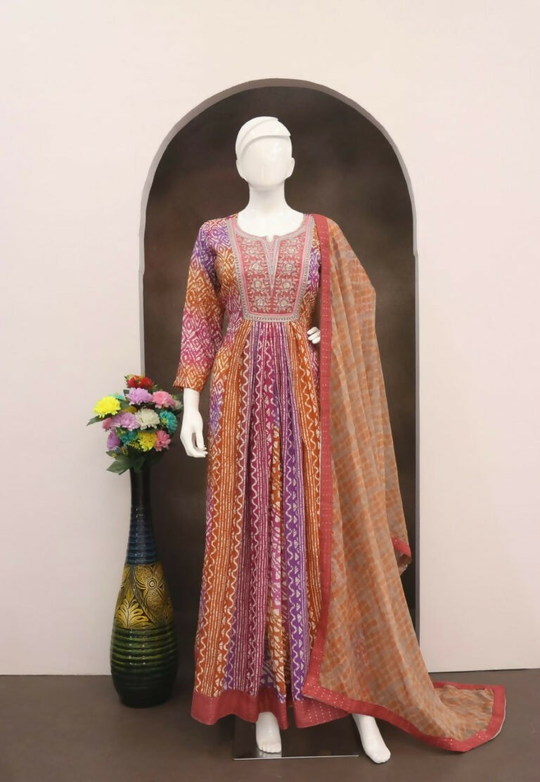 Vastranavya Lavender Muslin Printed Sequins Beads Work Abaya Style Anarkali Suit