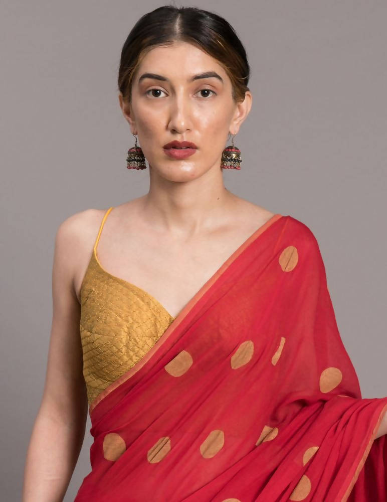 Suta Red Beige Polka Printed Pure Cotton Saree