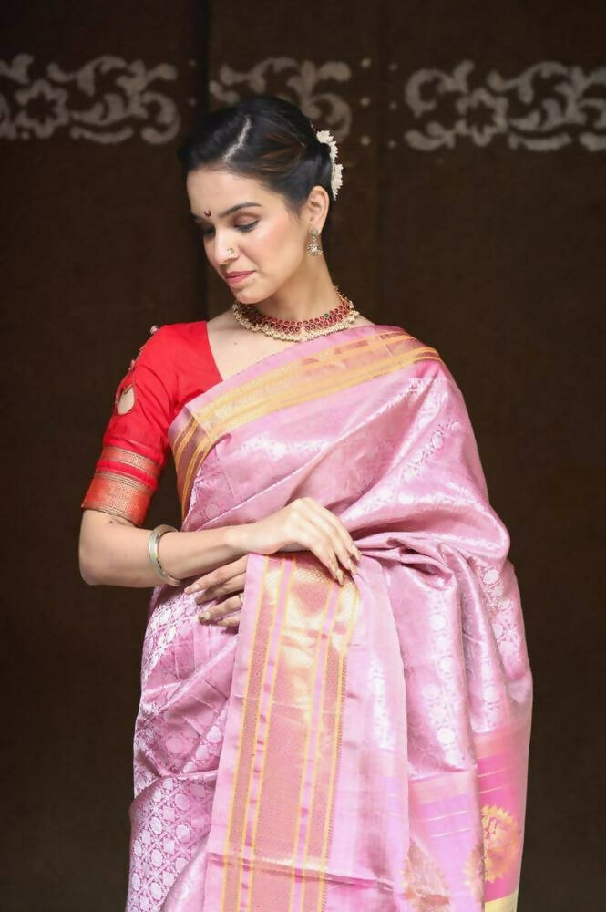 Very Much Indian Silk Handloom Maharani Paithani In Rich Pearl Pink With Silver Zari Brocade