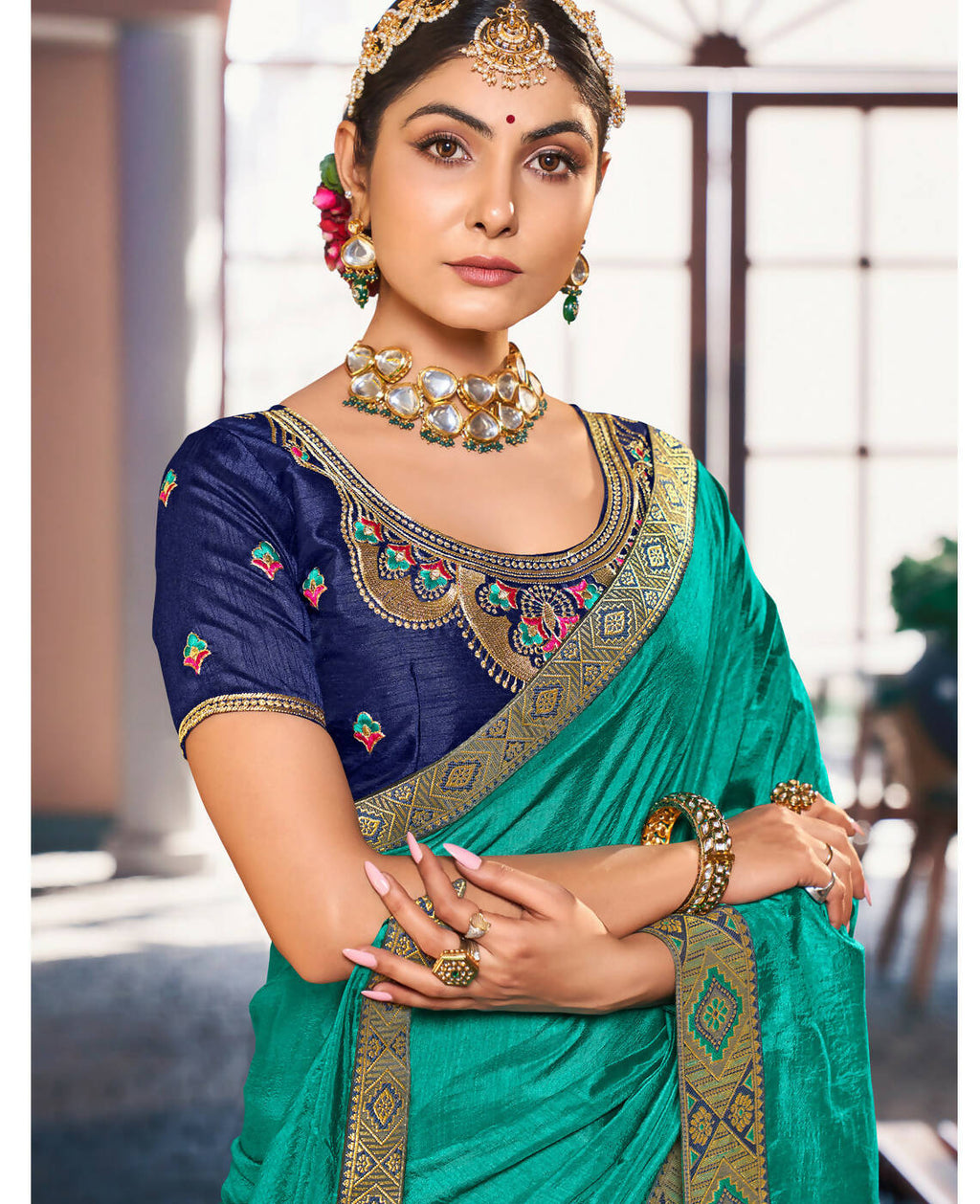 Sea Green Solid Vichitra Saree With Unstitched Blouse Piece - Selena
